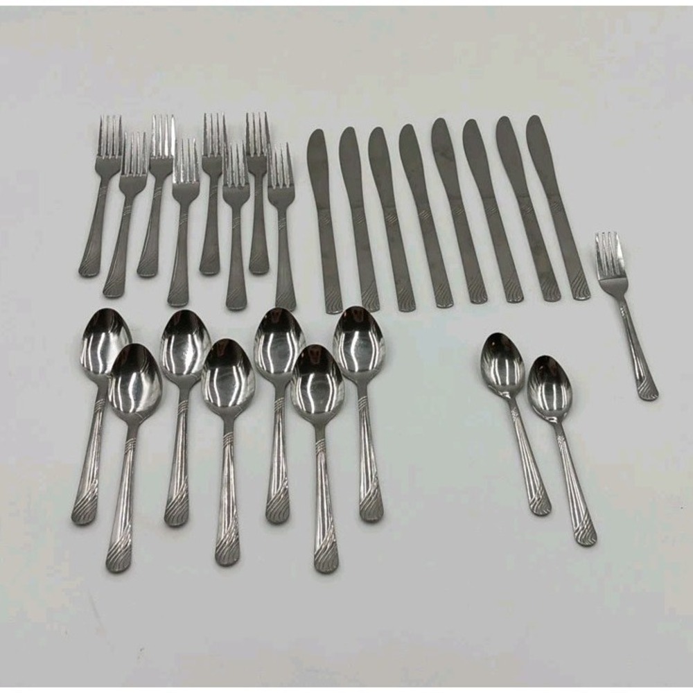 26pc PFF100 Pfaltzgraff Stainless Steel Flatware Swirls Fork Spoon Knife LOT